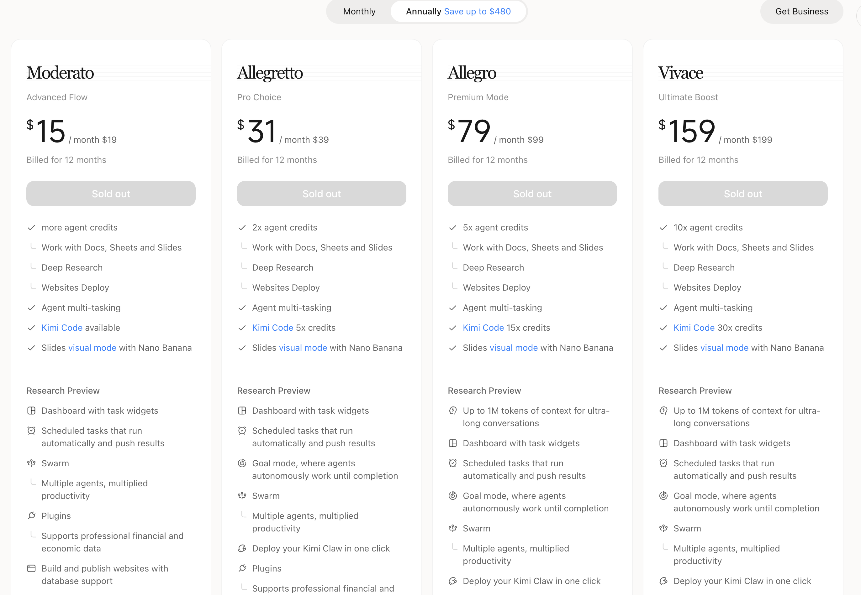 Kimi pricing page showing the Moderato, Allegretto, Allegro, and Vivace paid plans marked Sold out