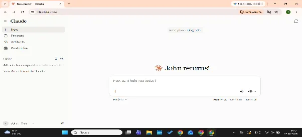 Claude web app home screen with the sidebar showing New chat, Projects, Artifacts and Customize next to the message box
