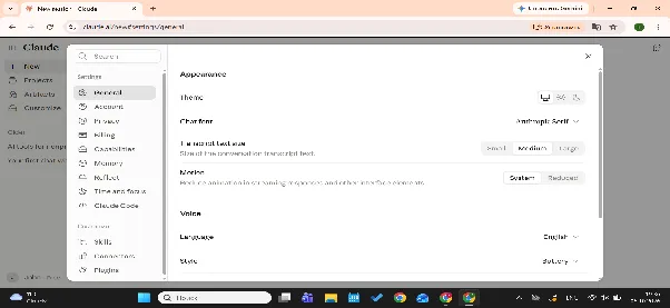 Claude Settings on the General tab with appearance, chat font and language options