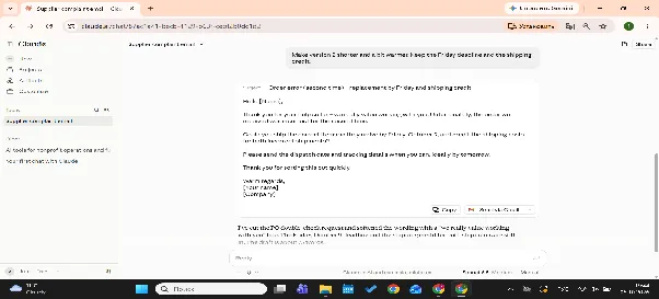 Claude&rsquo;s revised supplier email after a request to make version two shorter and warmer while keeping the Friday deadline