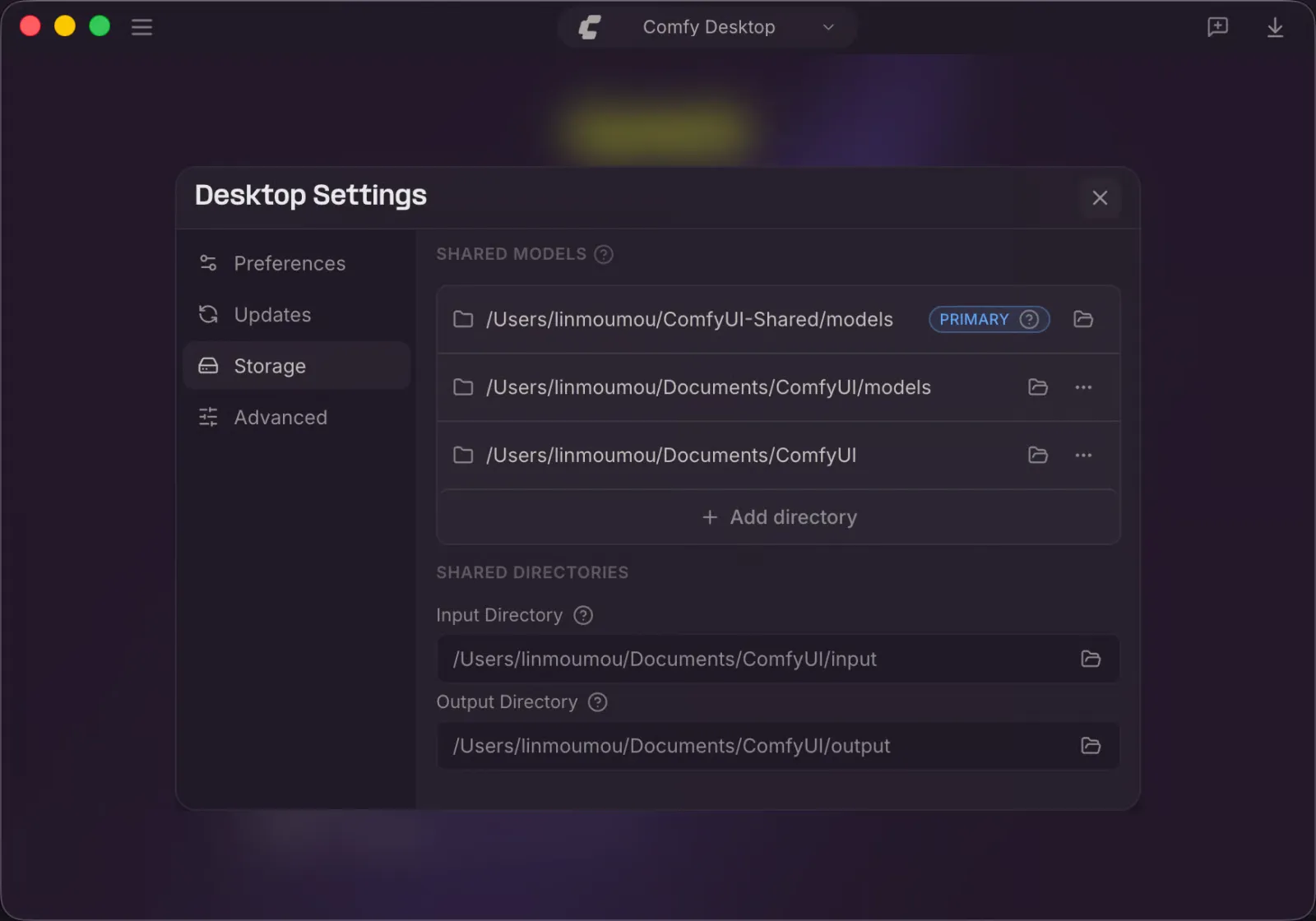 Comfy Desktop Storage settings listing the shared models folders with the Primary location and a folder icon beside it